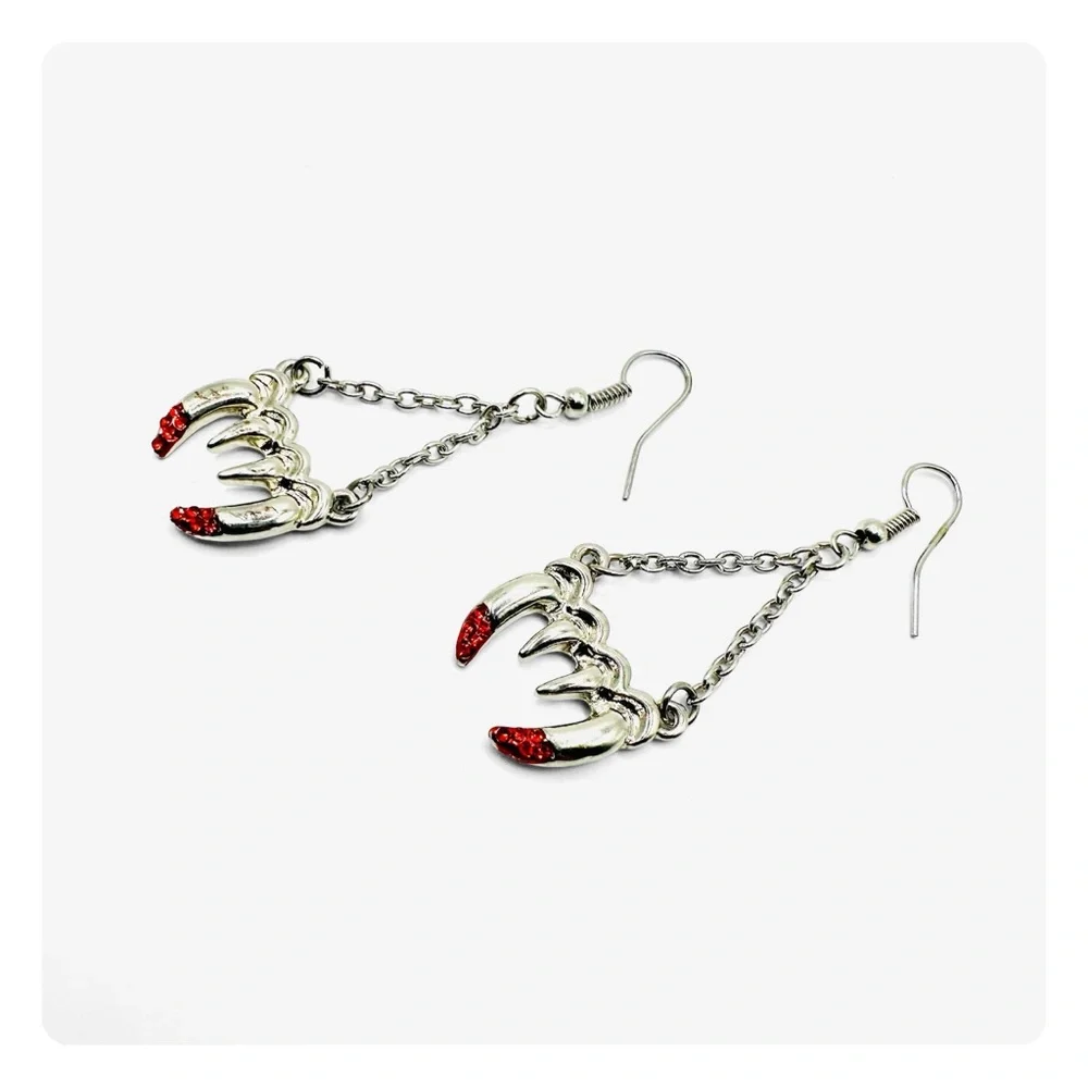 ★ Vintage Y2K Vampire Fangs Dangling Earrings - Silver/Red ★ - Picture 4 of 15